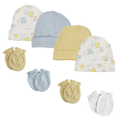 Bambini Boys Baby Caps and Mittens (Pack of 8) NC_0261 by Miracle USA White/Blue