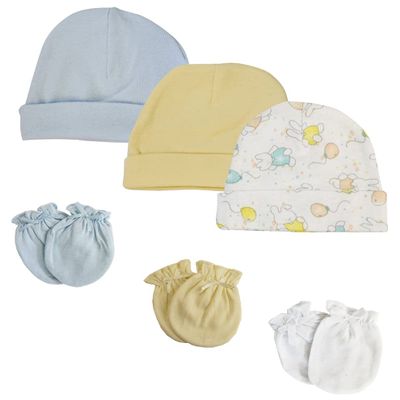 Bambini Boys Baby Caps and Mittens (Pack of 6) NC_0264 by Miracle USA White/Blue