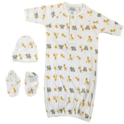 Bambini Newborn Baby Boy, Baby Girl, Unisex Infant Gown, Caps, Booties - 3 pc Set NC_0252 by MiraclE USA White