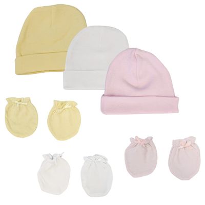 Bambini Baby Girls Caps and Mittens (Pack of 6) NC_0399 by Miracle USA White/Pink