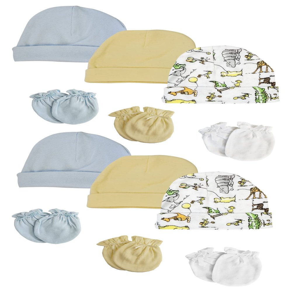 Bambini Boys Baby Caps and Mittens (Pack of 12) NC_0293 by Miracle USA White/Blue