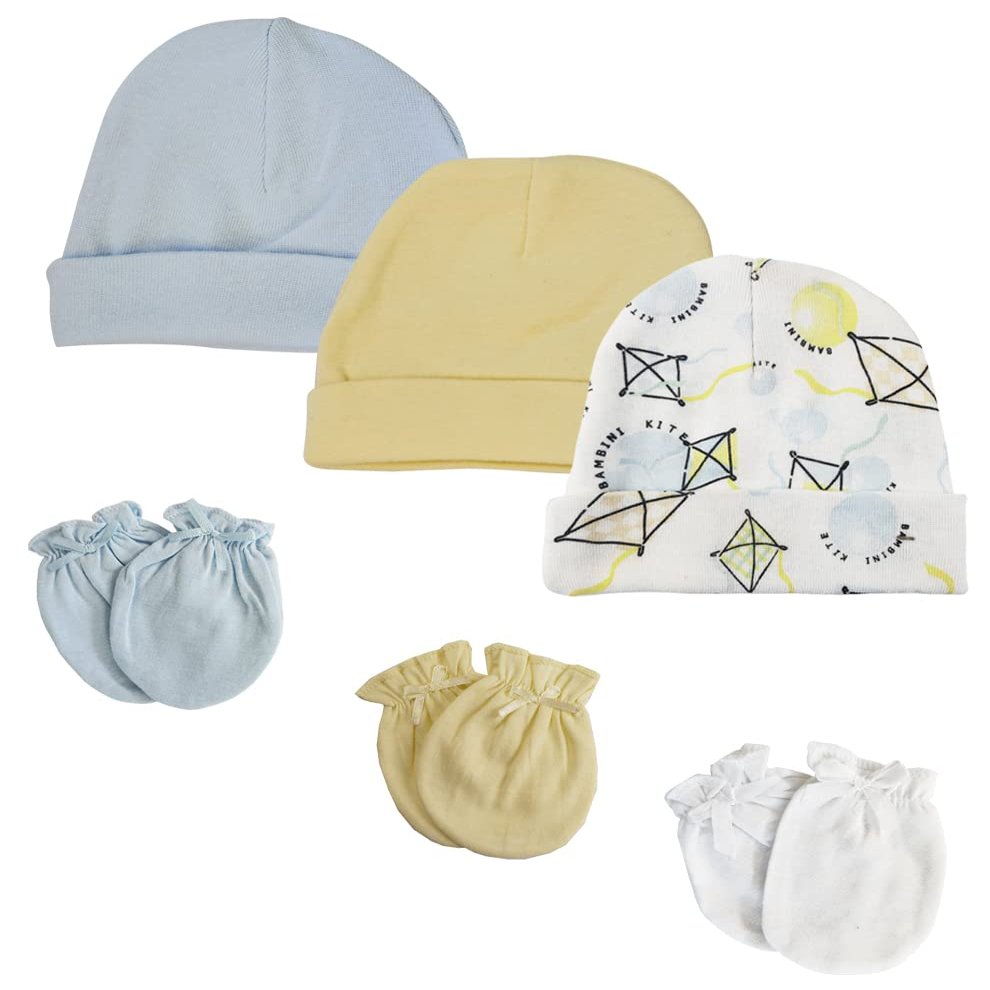Bambini Baby Boys Caps and Mittens (Pack of 6) NC_0347 by Miracle USA White/Blue