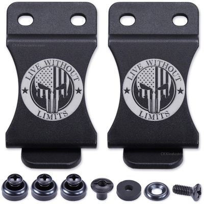 KYDEX Belt Clip for Holsters & Sheaths (w/Punisher Skull - Live Without Limits Engraving) - (Fits 1.50in Belts) - (Inside-The-Waistband/IWB) - (USA Made) - (w/Hardware) - (2 Pack)