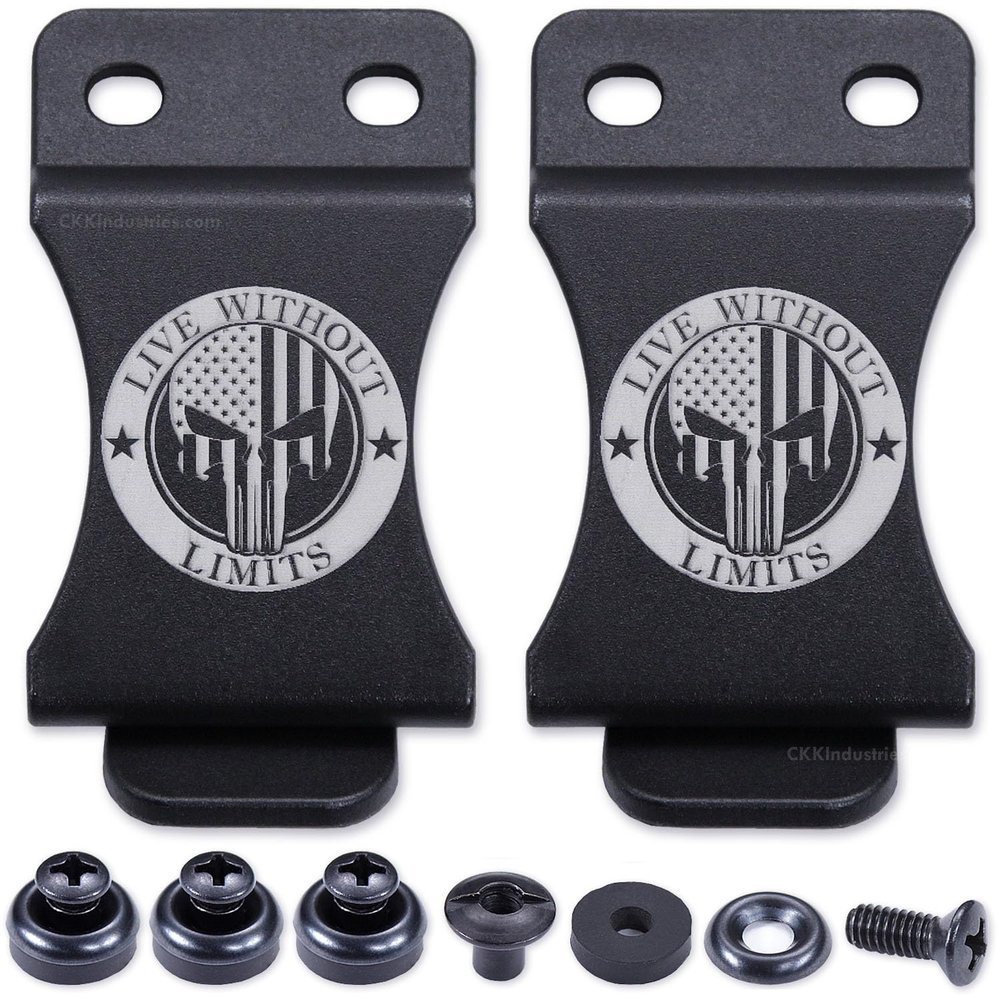KYDEX Belt Clip for Holsters & Sheaths (w/Punisher Skull - Live Without Limits Engraving) - (Fits 1.50in Belts) - (Inside-The-Waistband/IWB) - (USA Made) - (w/Hardware) - (2 Pack)
