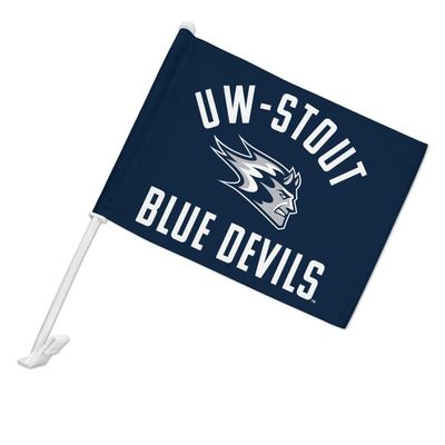 University of Wisconsin - Stout Blue Devils Logo Car Truck Flag with Window Clip On Pole Holder - Left Driver Side
