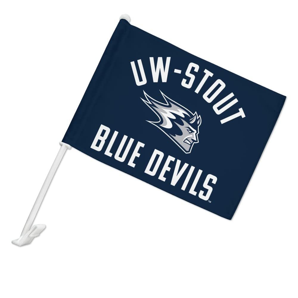 University of Wisconsin - Stout Blue Devils Logo Car Truck Flag with Window Clip On Pole Holder - Left Driver Side