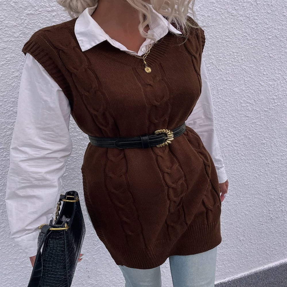 AIEBO Women's Shirts Women's Tops Shirts for Women Slit Side Cable Knit Sweater Vest Without Belt (Color : Chocolate Brown, Size : Medium)