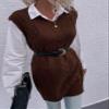 AIEBO Women's Shirts Women's Tops Shirts for Women Slit Side Cable Knit Sweater Vest Without Belt (Color : Chocolate Brown, Size : Medium) view 1