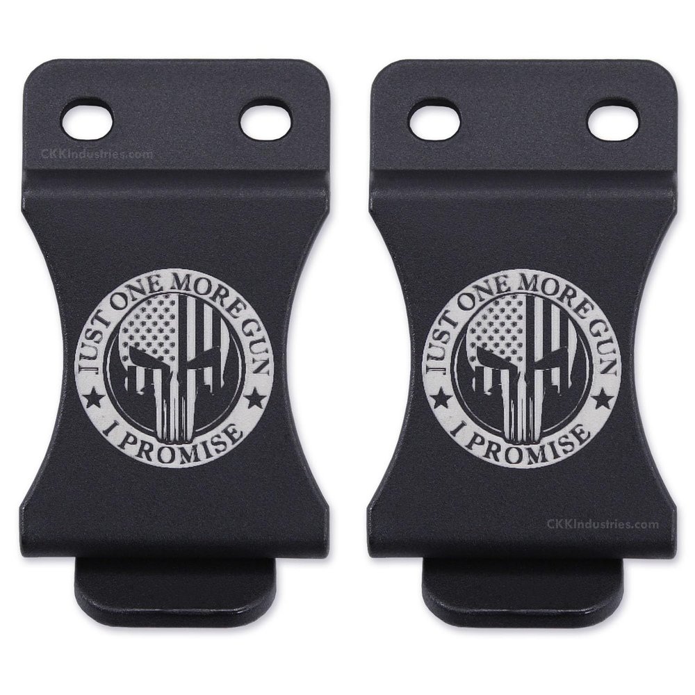 KYDEX Belt Clip for Holsters & Sheaths  (w/Punisher Skull - Just One More Engraving) - (Fits 1.50in Belts) - (Inside-The-Waistband/IWB) - (USA Made) - (2 Pack)
