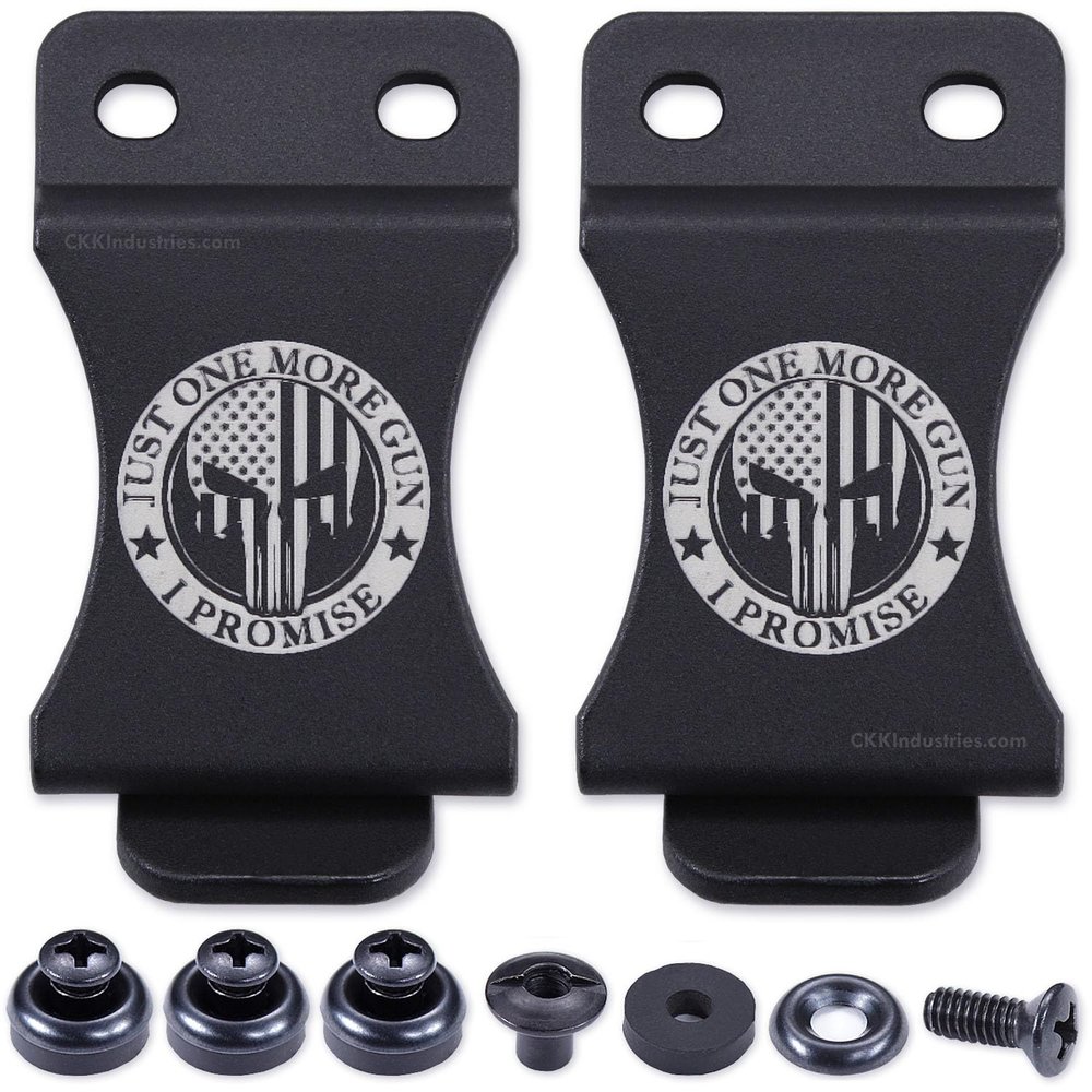 KYDEX Belt Clip for Holsters & Sheaths (w/Punisher Skull - Just One More Engraving) - (Fits 1.50in Belts) - (Inside-The-Waistband/IWB) - (USA Made) - (w/Mounting Hardware) - (2 Pack)