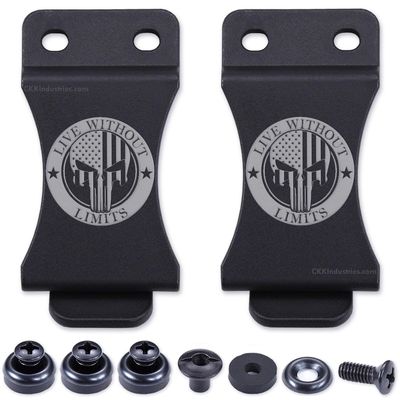 KYDEX Belt Clip for Holsters & Sheaths (w/Punisher Skull - Live Without Limits Engraving) - (Fits 1.75in Belts) - (Inside-The-Waistband/IWB) - (USA Made) - (w/Hardware) - (2 Pack)