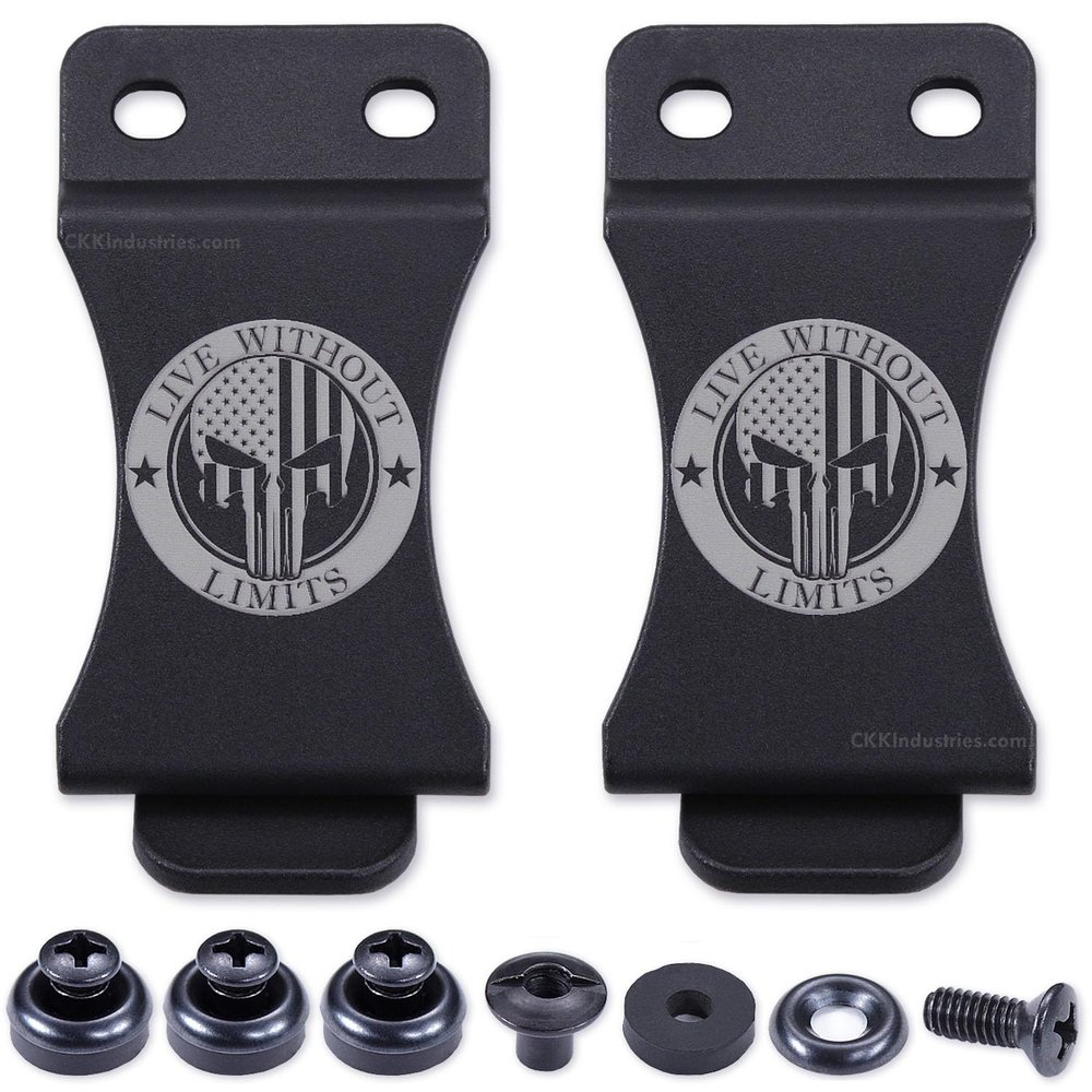 KYDEX Belt Clip for Holsters & Sheaths (w/Punisher Skull - Live Without Limits Engraving) - (Fits 1.75in Belts) - (Inside-The-Waistband/IWB) - (USA Made) - (w/Hardware) - (2 Pack)