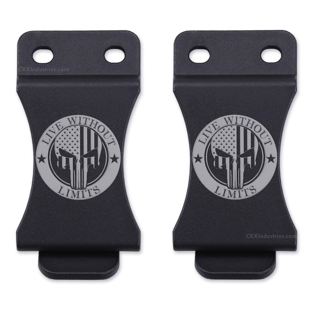 KYDEX Belt Clip for Holsters & Sheaths  (w/Punisher Skull - Live Without Limits Engraving) - (Fits 1.75in Belts) - (Inside-The-Waistband/IWB) - (USA Made) - (2 Pack)