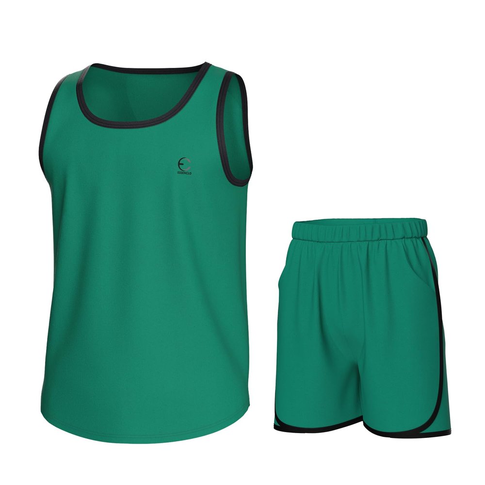 Essenclo Boys Clothing Sets, Boys Athletic Shorts & Sleeveless Shirts, Crew Neck Kids Tank Top Clothes Size 3-16 (2 Pcs Set) - E1001 - Teal Green - 7-8
