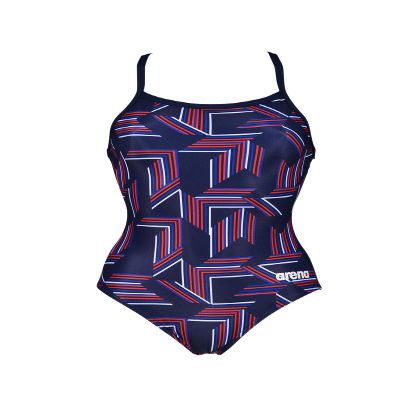 ARENA Women's Swimsuit Puzzled Team Print MaxLife Sports Suit Light Drop Back One Piece Bathing Suit Competition Training Racing Swimwear, Navy/Red Multi, US Size 22