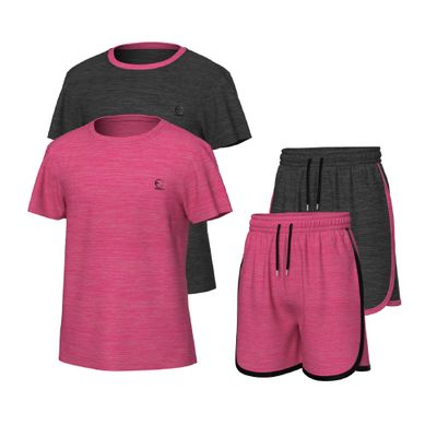 Essenclo Girls Clothing Sets Tagless Loose Athletic Performance Crew Neck T-Shirt and Short Outfits Size 5-14 (4 Piece Set) - E2104 - Set-7-9-10