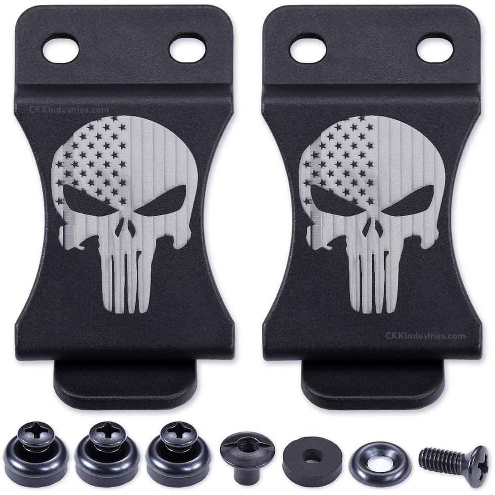 KYDEX Belt Clip for Holsters & Sheaths (w/Punisher Skull - Stars & Stripes) - (Fits 1.50in Belts) - (Inside-The-Waistband/IWB) - (USA Made) - (w/Mounting Hardware) - (2 Pack)