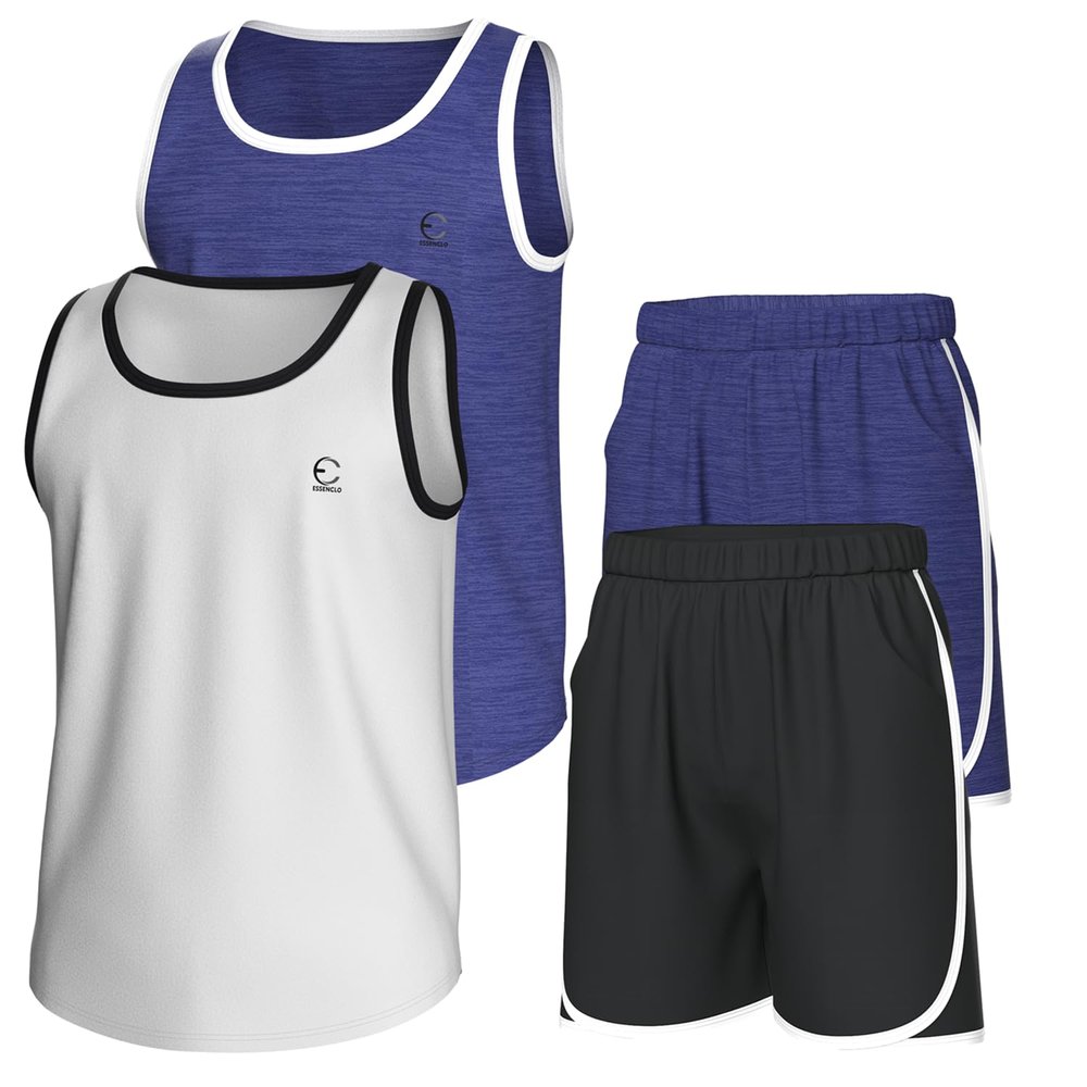 Essenclo Boys Clothing Sets, Athletic Crew Neck Sleeveless T-Shirt and Boys' Short Sets Outfits w/Pockets 4 Pcs - Size 3-16 - E2001 - Set-3-5-6