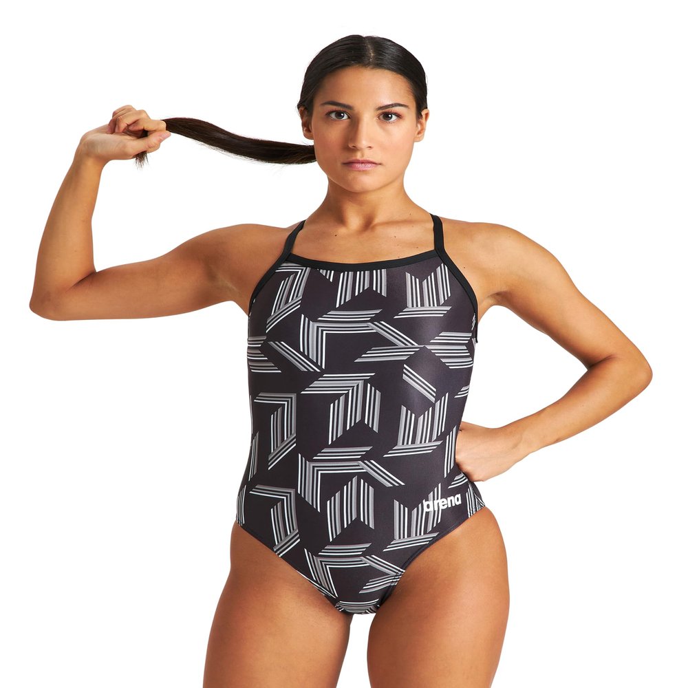 ARENA Puzzled Light Drop Back Women's One Piece Swimsuit for Competitive or Casual Swim Ladies Bathing Suit, Black/Black Multi, Size 30