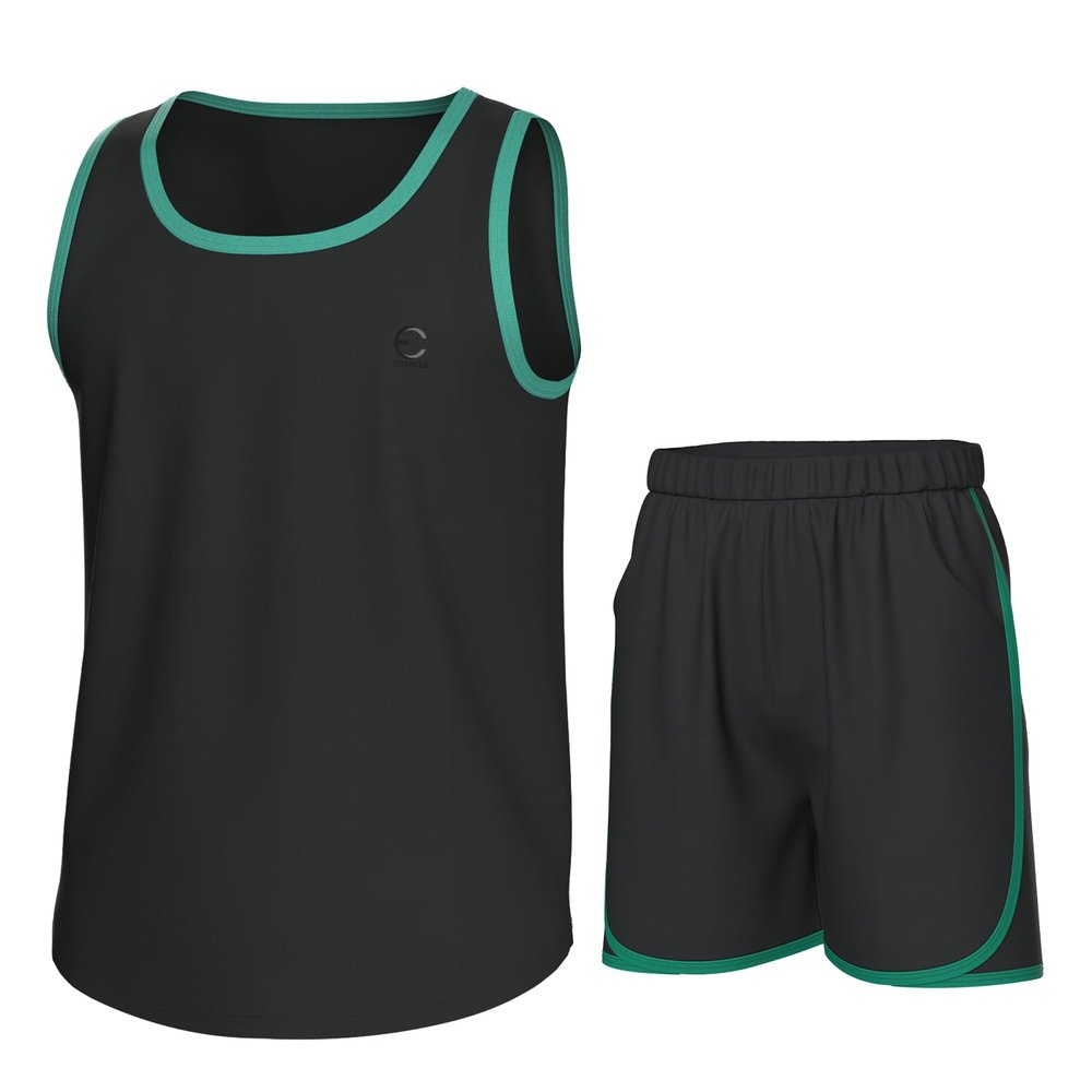 Essenclo Boys Clothing Sets, Boys Athletic Shorts & Sleeveless Shirts, Crew Neck Kids Tank Top Clothes Size 3-16 (2 Pcs Set) - E1001 - Black Teal Green - 7-8