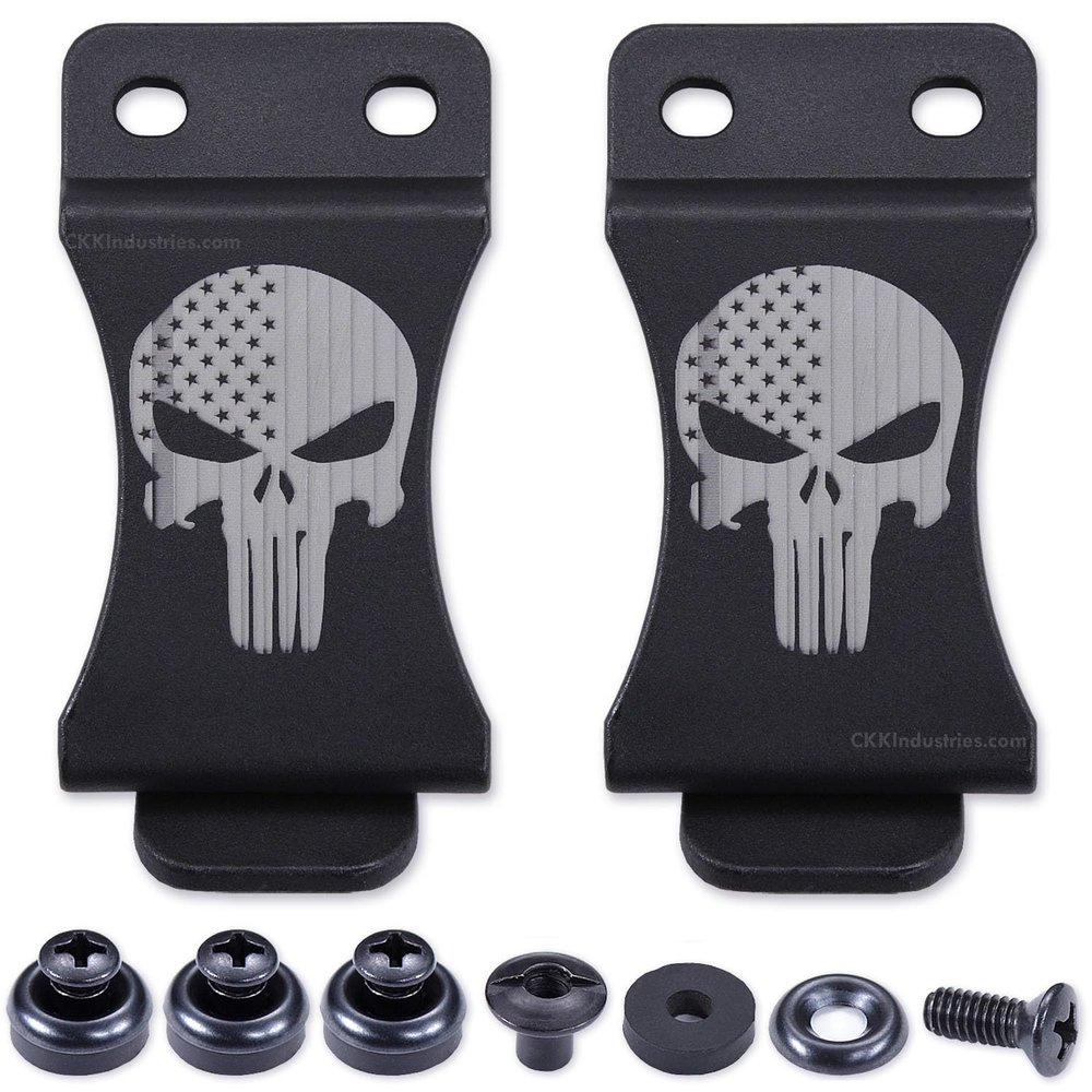 KYDEX Belt Clip for Holsters & Sheaths (w/Punisher Skull - Stars & Stripes) - (Fits 1.75in Belts) - (Inside-The-Waistband/IWB) - (USA Made) - (w/Mounting Hardware) - (2 Pack)