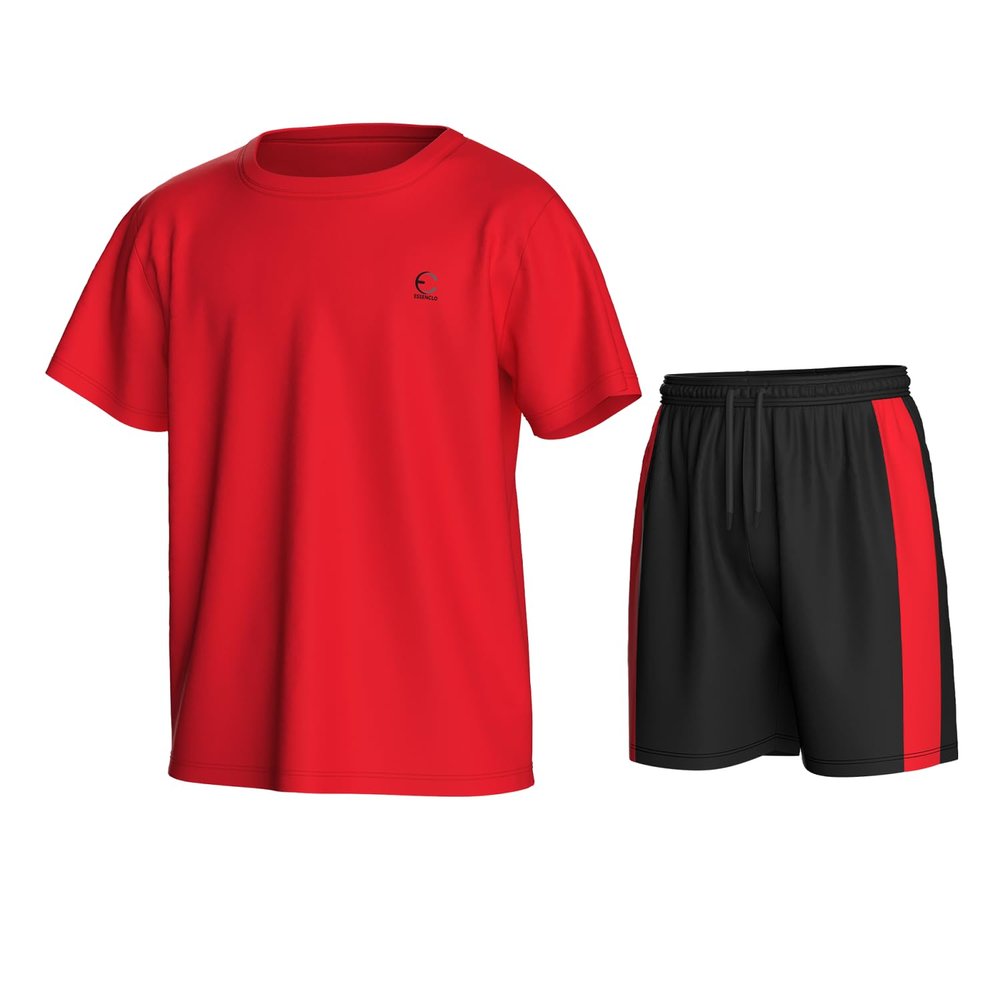 Essenclo Boys Athletic Shorts and Performance T-Shirt Crew Neck Boy Clothes Set, Summer Kids Outfit Size 3-16 (2 Pcs Set) - E1002 - Red - 13-14