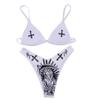 ANKOMINA Women Gothic Skull Letter Printed Two Piece Swimsuit High Cut Triangle Bikini Set for Rave Party Festival Halloween view 1