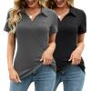 AKEWEI Womens 2 Pack of Polo Shirts Short Sleeve V Neck Tunic Tops Loose Casual Collared Work Blouse with Pocket Black+Gray M view 1