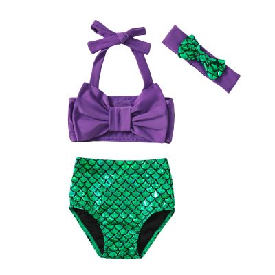 ZFZDRen 0M-3T Infant Girl Bikini Set Baby Girls Bowknot Swimwear Toddler Girl 3 Piece Bathing Suit Beach Swimsuit (18-24 Months, Mermaid-Purple)