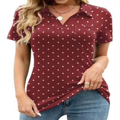 AKEWEI Womens Cotton Polo Shirts Short Sleeve Plus Size Collared Tunic Tops Business Casual Blouses Wine Polka Dot 3XL