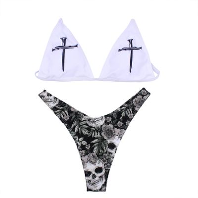 ANKOMINA Women Gothic Skull Letter Printed Two Piece Swimsuit High Cut Triangle Bikini Set for Rave Party Festival Halloween
