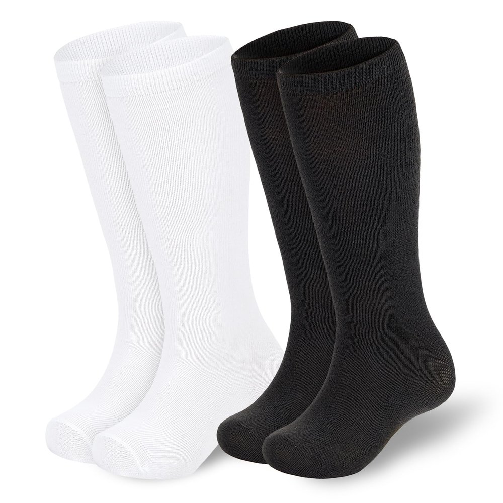 American Trends Kids White Black Socks Toddler Knee High Tube Socks for Boys Girls School Uniform Long Sports Athletic 2 Pack Pure Black&White 3-6 Years