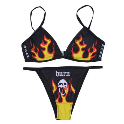 ANKOMINA Women Gothic Skull Letter Printed Two Piece Swimsuit High Cut Triangle Bikini Set for Rave Party Festival Halloween Black C