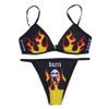 ANKOMINA Women Gothic Skull Letter Printed Two Piece Swimsuit High Cut Triangle Bikini Set for Rave Party Festival Halloween Black C view 1