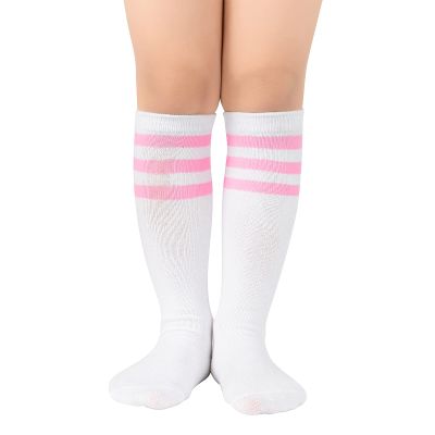 American Trends Girls Knee High Socks Kids Soccer Baseball Football Softball Tube Long Socks for Youth 1 Pack White Pink 3-6 Years