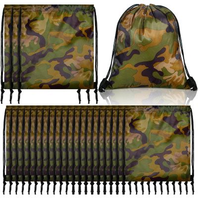 Sweetude 24 Pcs Camo Bag Waterproof Drawstring Bags Bulk, Military Army Bag Lightweight Woodland Camouflage Drawstring Backpack for Men Women Birthday Party Supplies Travel Yoga Gym Sport