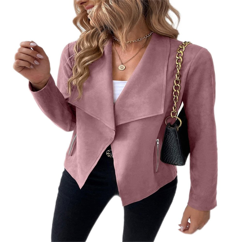 GLOPUK Women's Jackets Jackets for Women Waterfall Collar Open Front Suedette Jacket Jacket (Color : Dusty Pink, Size : Large)