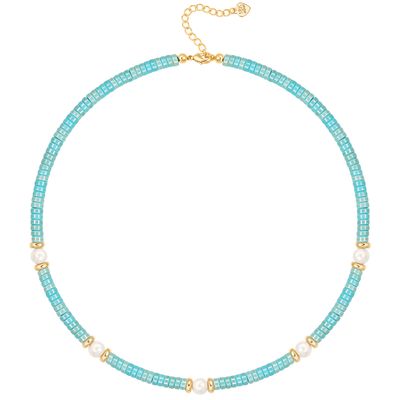 18K Gold Plated Turquoise Beaded Pearl Pendant Chain Choker Necklace Boho Vintage Handmade Blue Turquoise Abacus Beads Adjustable Necklace for Women