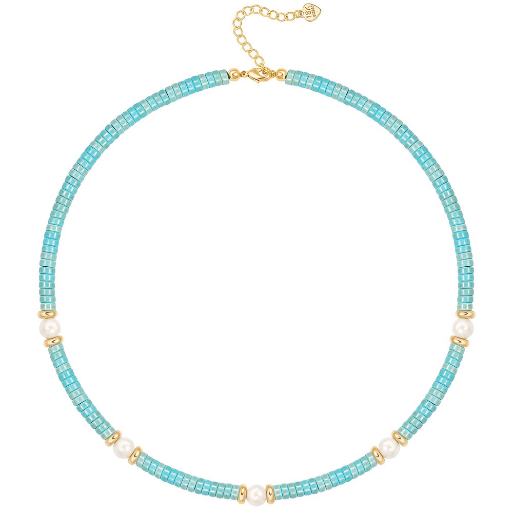 18K Gold Plated Turquoise Beaded Pearl Pendant Chain Choker Necklace Boho Vintage Handmade Blue Turquoise Abacus Beads Adjustable Necklace for Women
