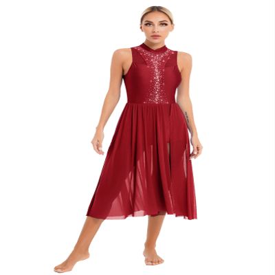 easyforever Women Lyrical Dance Dress Flowy Mesh Tulle Maxi Dresses Modern Contemporary Dance Costumes Burgundy Large
