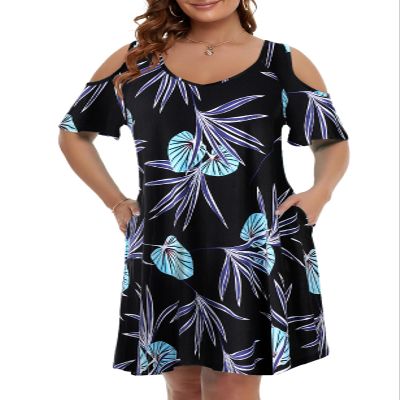 JollieLovin Womens Plus Size Cold Shoulder Beach Sundresses V Neck T-Shirt Dress with Pockets(Large,Flower32)