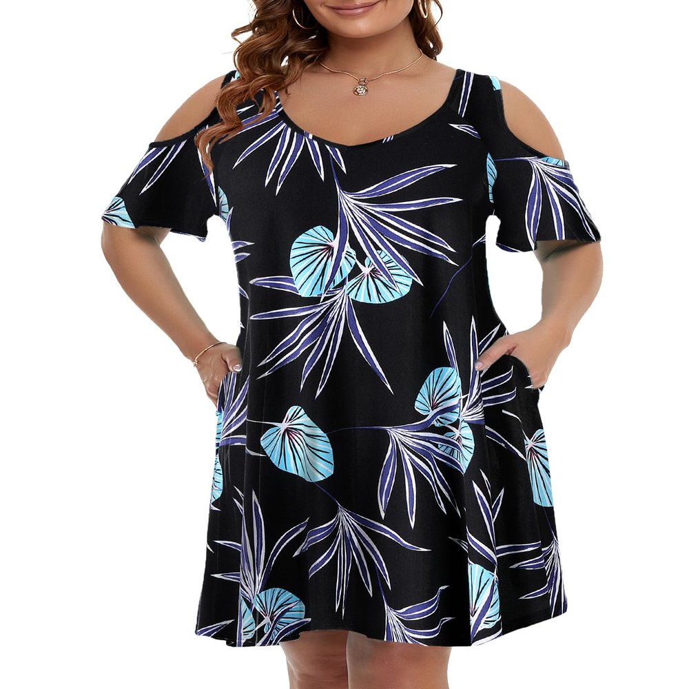 JollieLovin Womens Plus Size Cold Shoulder Beach Sundresses V Neck T-Shirt Dress with Pockets(Large,Flower32)