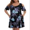 JollieLovin Womens Plus Size Cold Shoulder Beach Sundresses V Neck T-Shirt Dress with Pockets(Large,Flower32) view 1