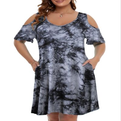JollieLovin Womens Plus Size Cold Shoulder Beach Sundresses V Neck T-Shirt Dress with Pockets(1X,B-Black)