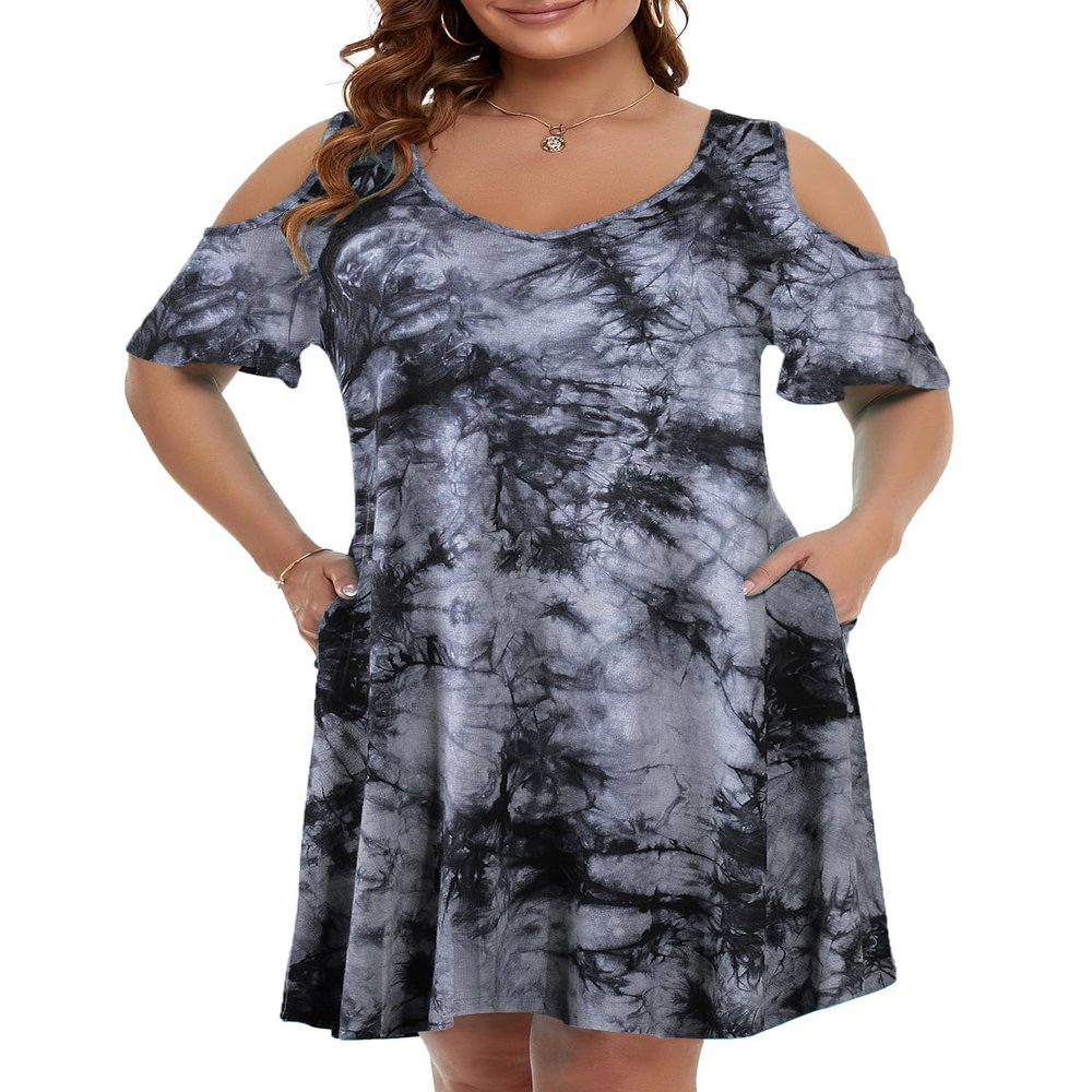 JollieLovin Womens Plus Size Cold Shoulder Beach Sundresses V Neck T-Shirt Dress with Pockets(1X,B-Black)