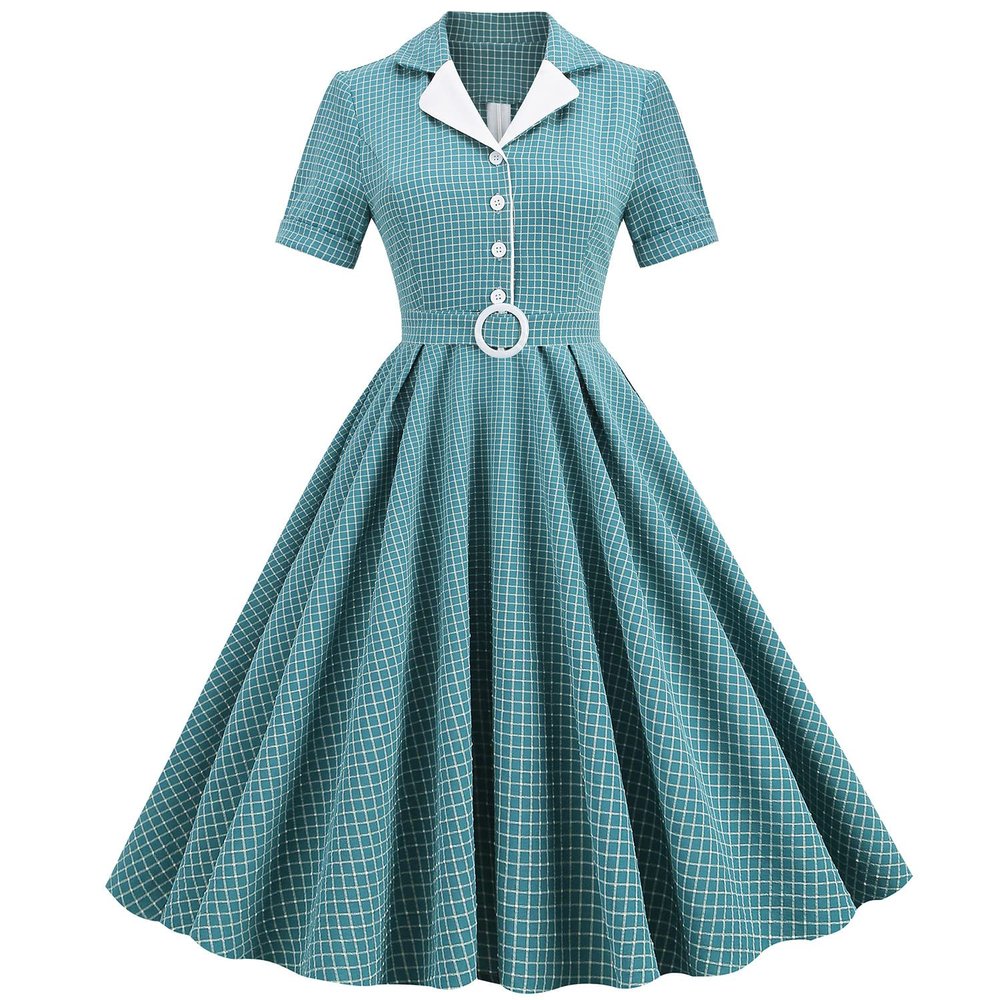Women 1950s Vintage Shirt Dress 40s 50s Cape Collar A-line Swing Office Work Party Tea Dresses Turquoise XL