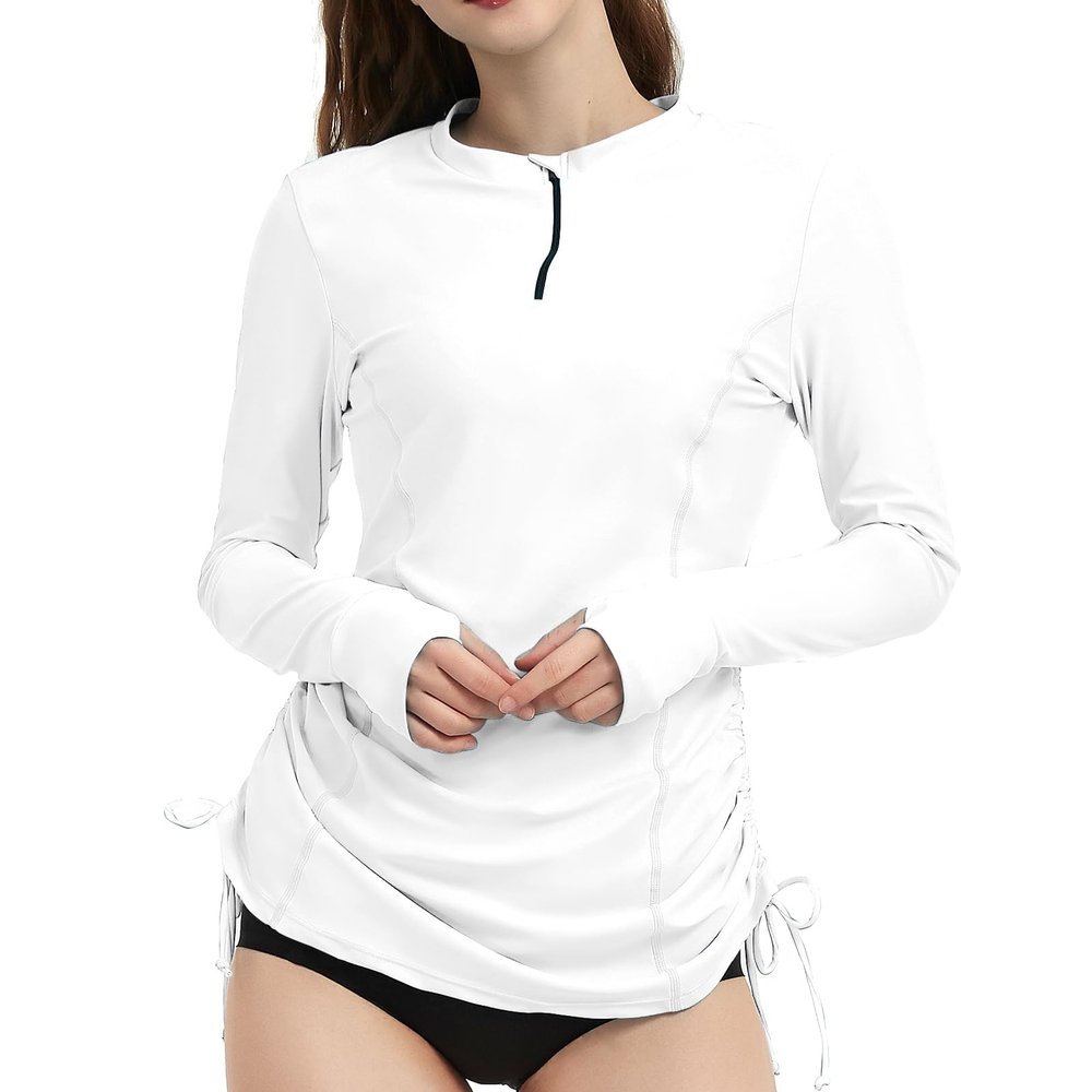 LilyCat Women's Rash Guard Long Sleeve Sun Protection Clothing Half Zip Swim Shirt Side Adjustable Swimsuit Tops Hiking Surfing White