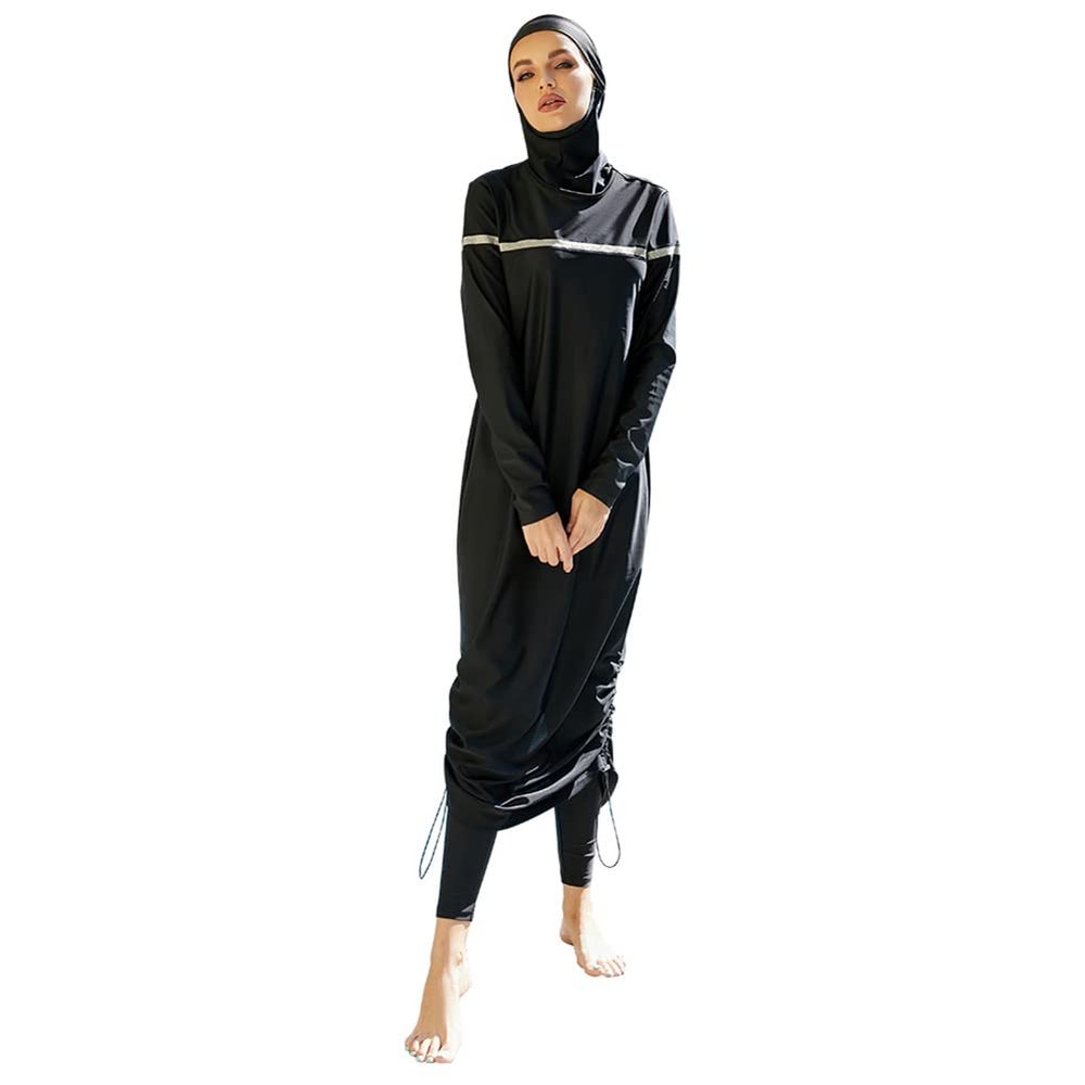 Modest Women Muslim Swimwear Full Coverage Long Sleeve Swimsuit Hijab 3pcs Burkini Islamic Bathing Suit Black 07 S