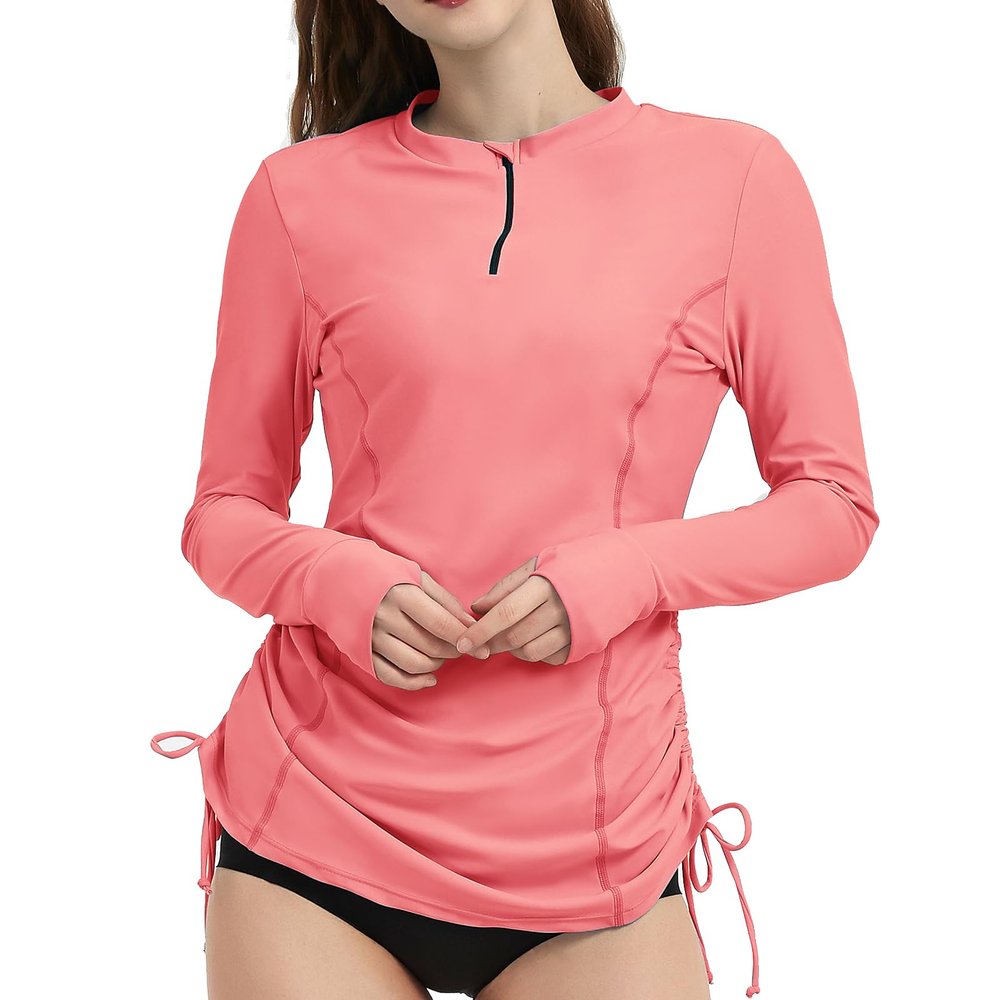 LilyCat Women's Rash Guard Long Sleeve Sun Protection Clothing Half Zip Swim Shirt Side Adjustable Swimsuit Tops Hiking Surfing Coral Pink