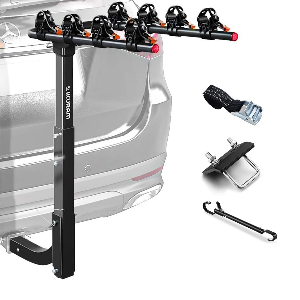 4 Bike Rack Bicycle Carrier Racks Hitch Mount Double Foldable Rack for Cars Truck SUV Fits 2" Receiver, Tie Down Strap, Anti-Rattle Hitch Tightener & Bicycle Cross-bar Adapter for Kids Bike
